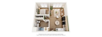 A 3D floor plan of a small apartment with a kitchen, living room, and bathroom.