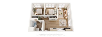 A 3D floor plan of a small apartment with a kitchen, living room, and bedroom.