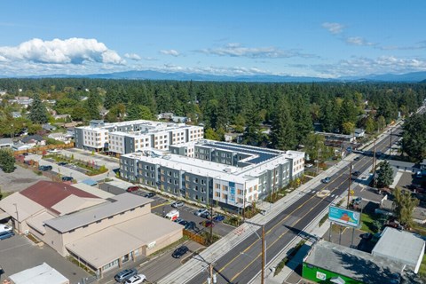 Aerial view of modern apartment buildings and surroundings at The Canopy Apartments at Powell, Portland