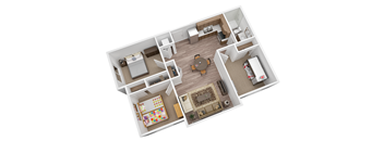 A 3D floor plan of a small apartment with a kitchen, living room, and bedroom.