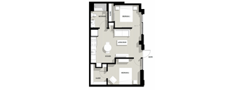 A floor plan of a house with two bedrooms, a living room, a kitchen, a bathroom, and a closet.