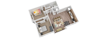A 3D floor plan of a house with a living room, kitchen, and two bedrooms.