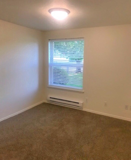 an empty room with a window and a carpet