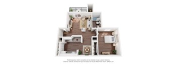 A 3D floor plan of a house with a kitchen, living room, and bedrooms.