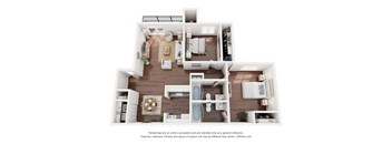 A 3D floor plan of a house with a kitchen, living room, and bathroom.