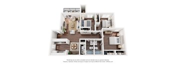 A 3D floor plan of a house with a kitchen, living room, and bathrooms.