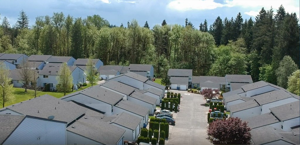 an aerial view of a row of houses and trees