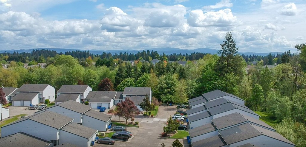 a aerial view of a neighborhood with houses and trees