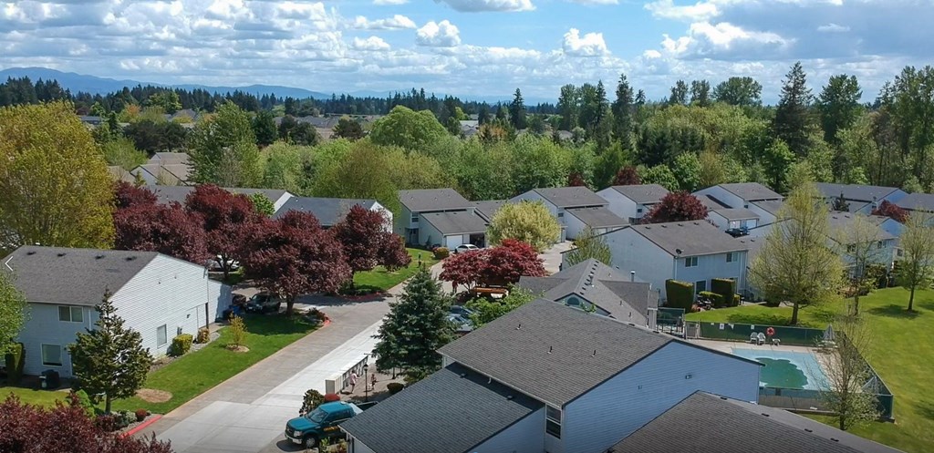 an aerial view of a neighborhood with houses and a pool