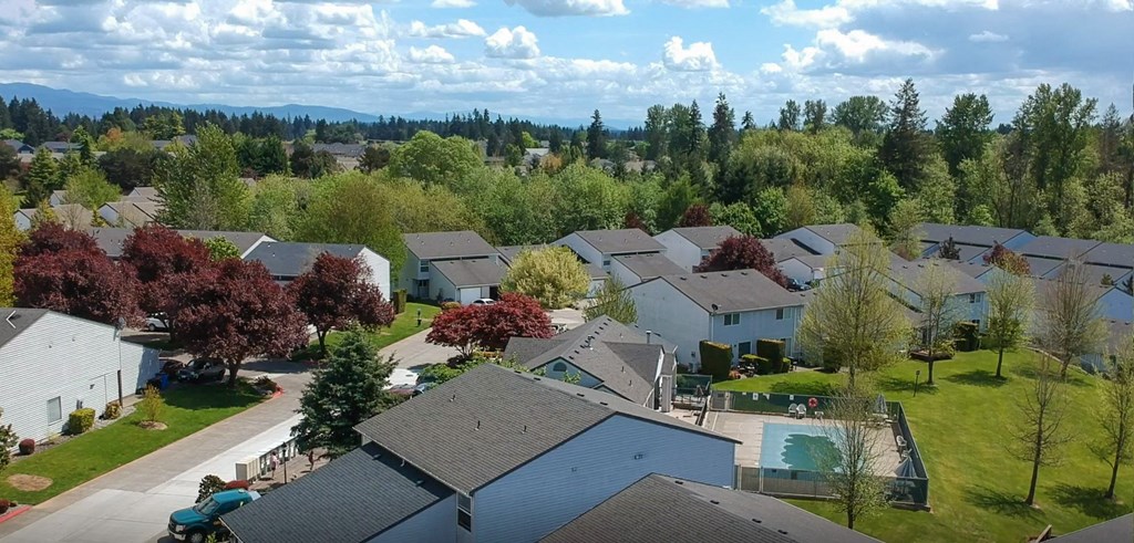 an aerial view of a neighborhood with houses and trees