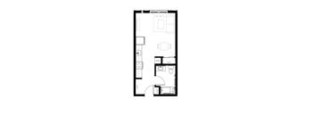 A black and white image of a floor plan for a small apartment.