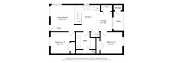 A floor plan of a home with a living room, kitchen, dining room, two bedrooms, a bathroom, a pantry, and a storage area.
