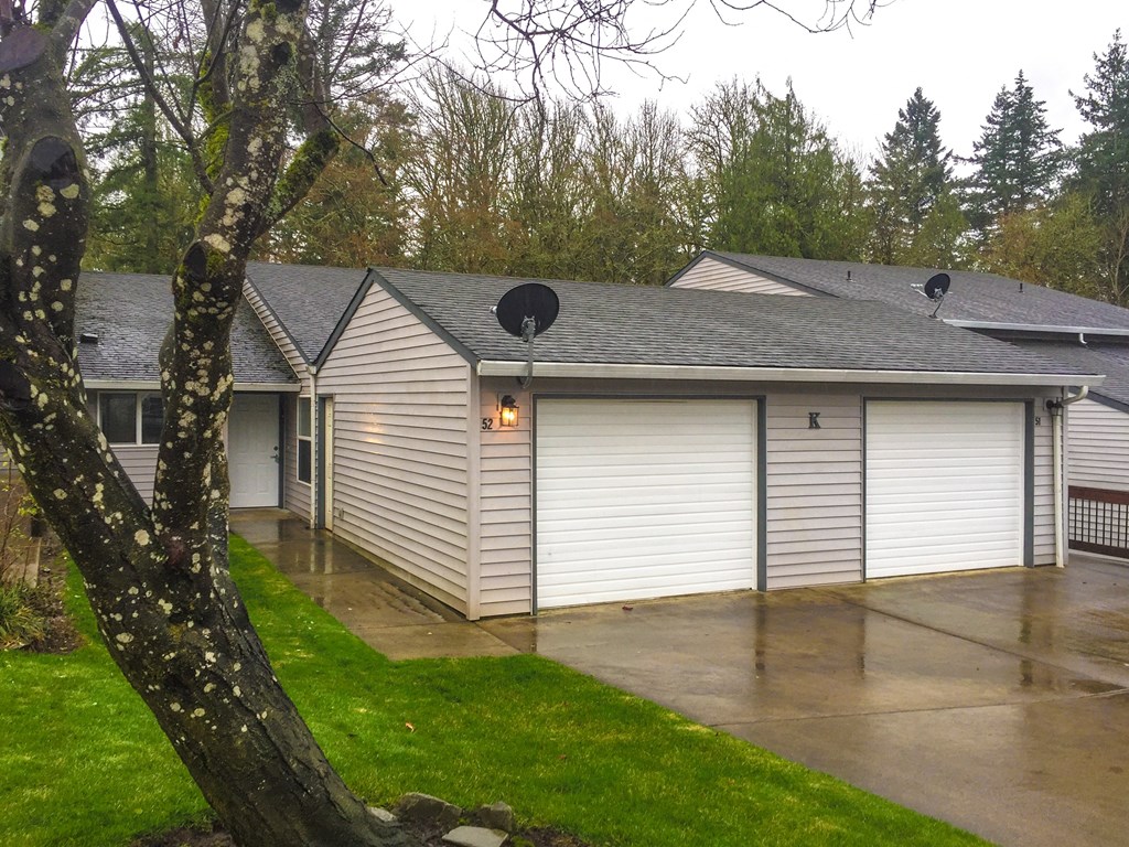 a rain soaked garage with a tree in the yard