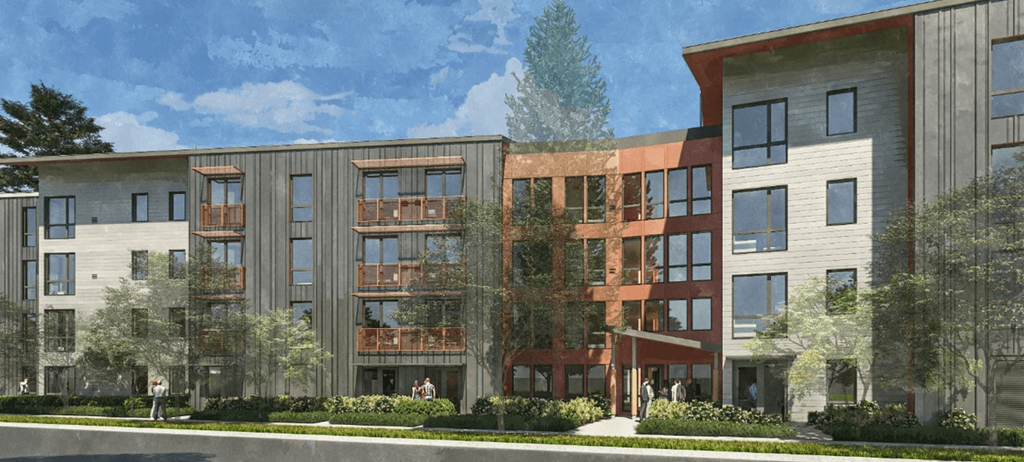 a rendering of a new apartment building on a city street