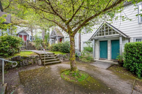 the front yard of a house with a tree in front of it