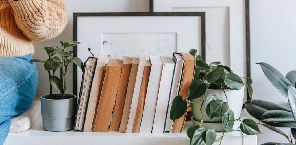 a stack of books on a shelf with potted plants