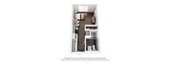 A small apartment with a kitchen, a bathroom, and a living area.
