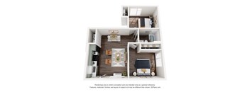 A 3D floor plan of a small apartment with a kitchen, living room, and bedroom.