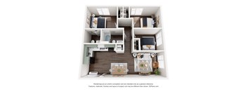 A 3D floor plan of a small apartment with a kitchen, living room, and two bedrooms.