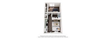 A 3D floor plan of a small apartment with a kitchen, living room, and bedroom.