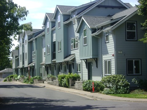 A row of houses with green siding and white trim.