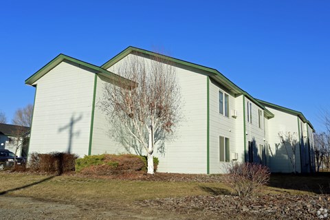 a green and white house with a tree in front of it
