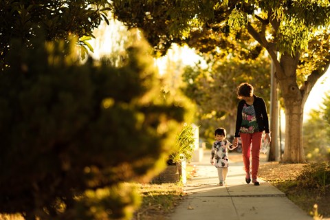 A woman and a child are walking down a sidewalk lined with trees.