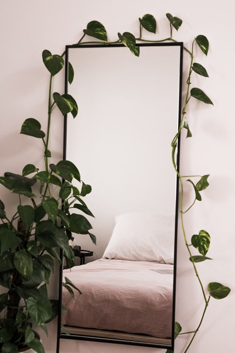 a bedroom with a large mirror and a bed with a white pillow