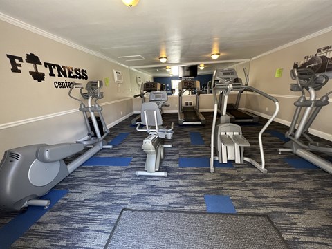 A fitness center with treadmills and elliptical machines.