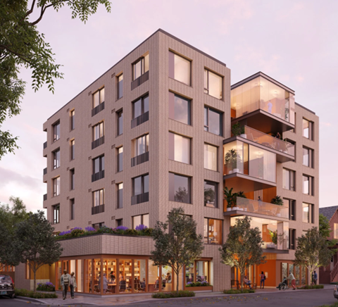 A modern apartment building with balconies and a lobby area.