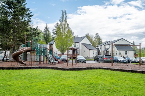 a playground with a slide and a yard with houses