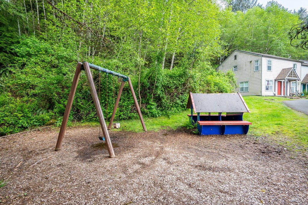 a swing set and a picnic table in a backyard