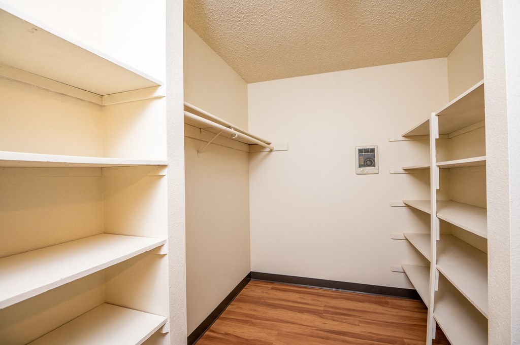 a walk in closet in a room with empty shelves