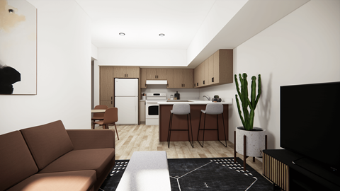 A modern living room with a brown sofa and a black television.