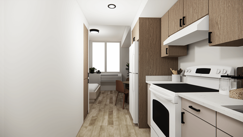A modern kitchen with wooden cabinets and white appliances.