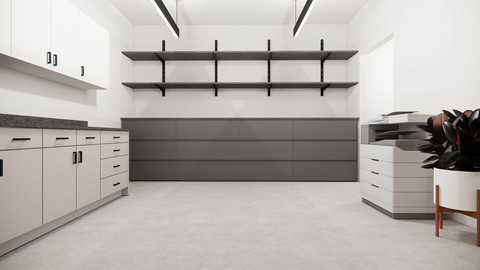 A modern kitchen with white cabinets and a grey countertop.