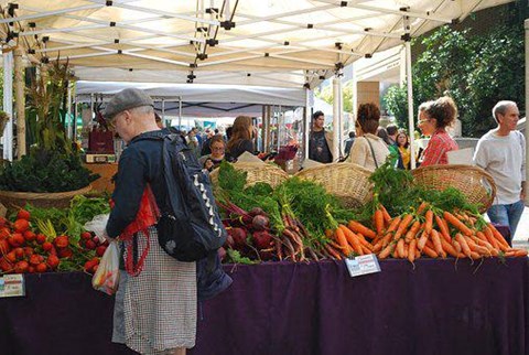 A man is shopping for vegetables at an outdoor market.