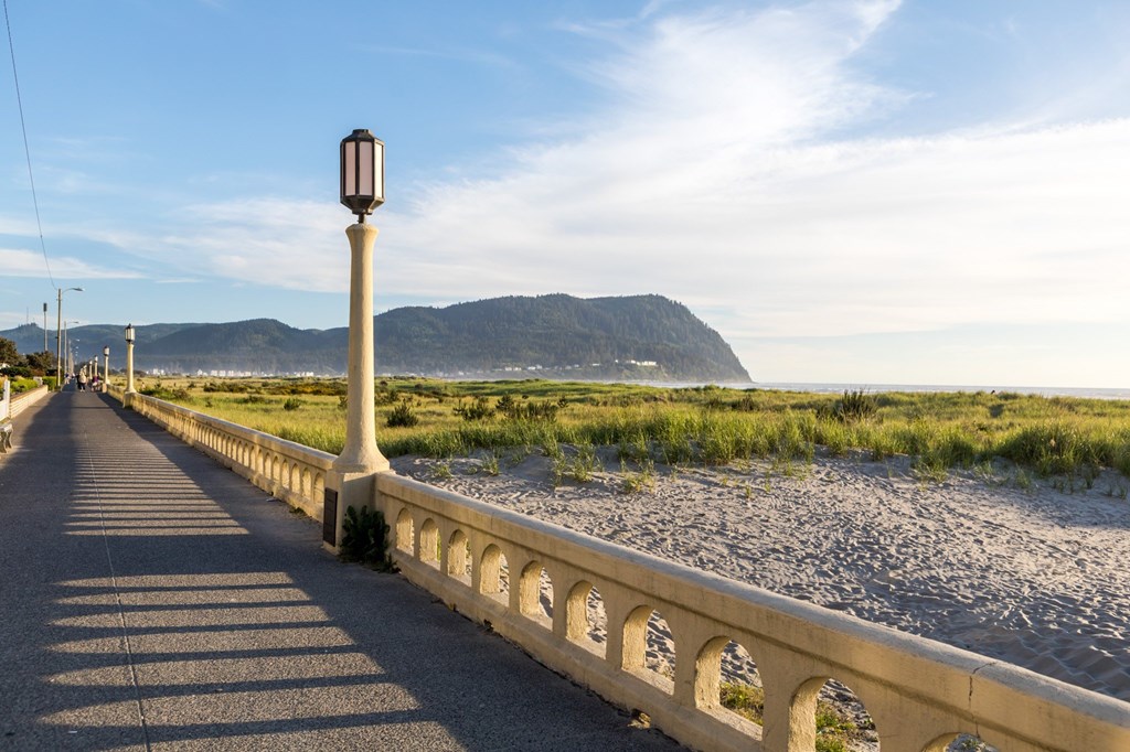 A lamp post stands on a concrete path with a sandy beach and a mountain in the background.