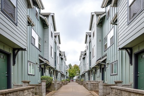 A row of houses with green doors and windows.