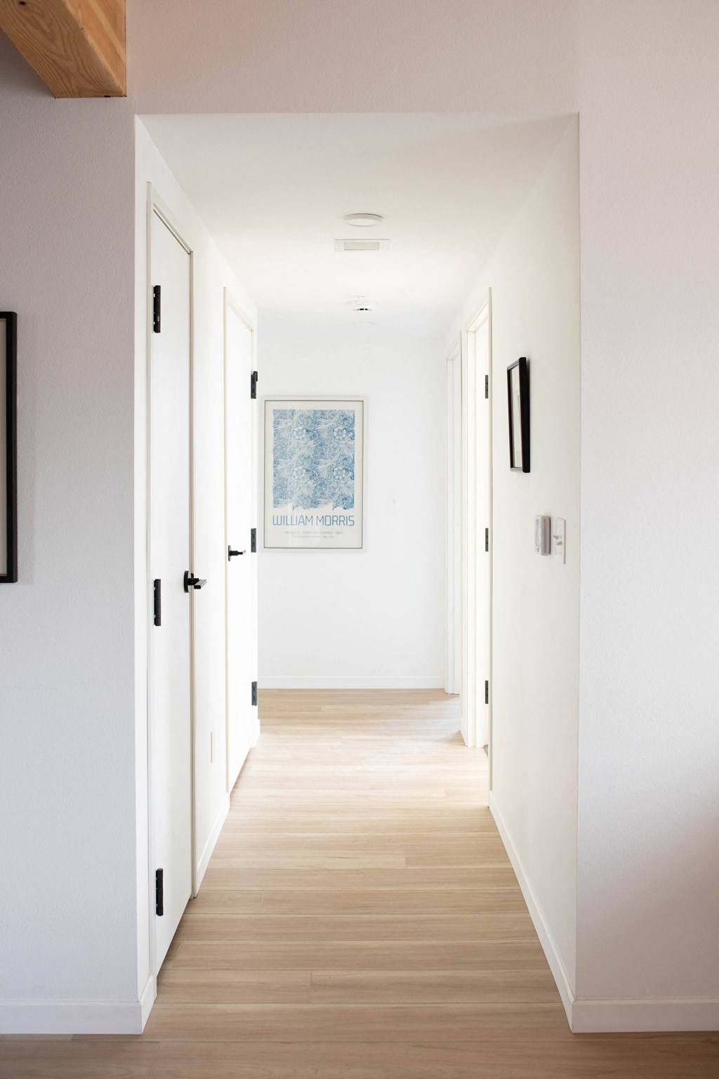 A long hallway with doors on both sides and a picture hanging on the wall.