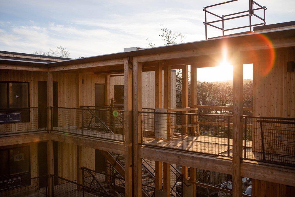 A wooden balcony with a metal railing and a sunset in the background.