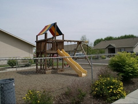 a playground with a wooden deck and a slide