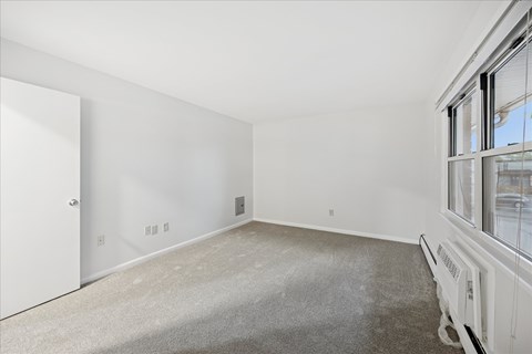 A room with a carpet floor, a door, a window, and a wall socket.