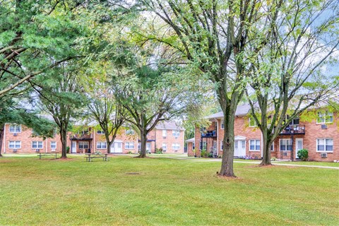 A grassy area in front of apartment buildings.