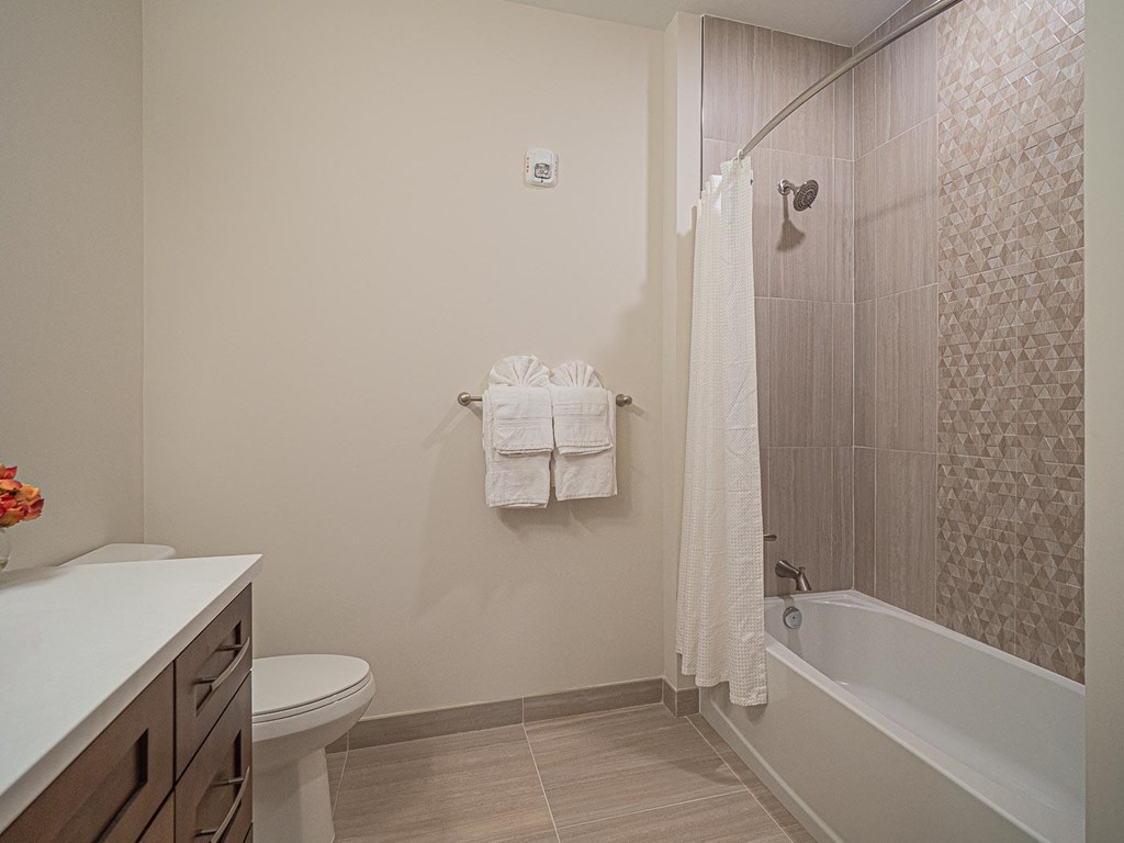 Large showers with beautiful tile work are in every unit at Heritage Court, Ewing
