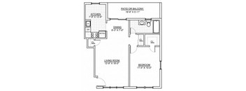 A floor plan of a small apartment with a living room, bedroom, kitchen, and dining area.