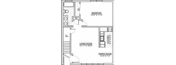 A floor plan of a small apartment with a bedroom, living room, and dining room.