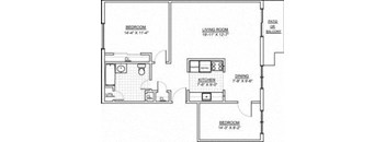 A floor plan of a small apartment with a living room, kitchen, and two bedrooms.