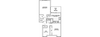 A floor plan of a small apartment with a living room, kitchen/dining area, and two bedrooms.