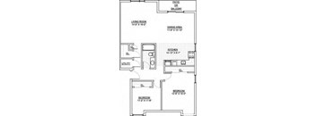 A floor plan of a house with a living room, dining area, kitchen, and two bedrooms.